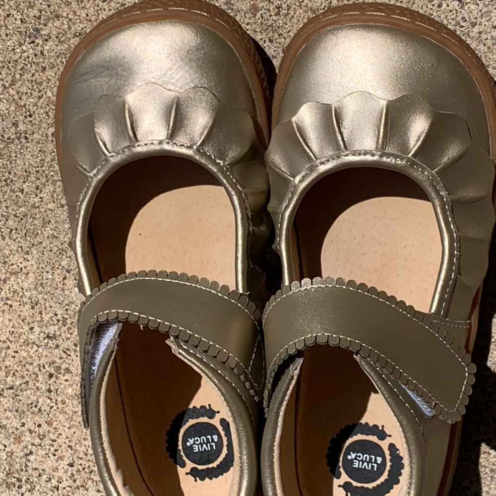 Gold leather Livie & Luca Mary Janes with ruffle detail